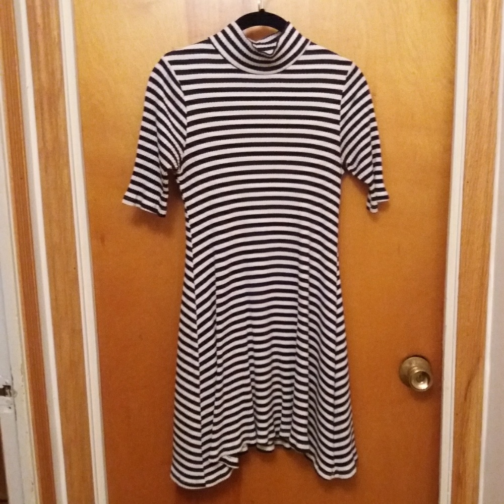 Striped mock neck lightweight knit sweater dress